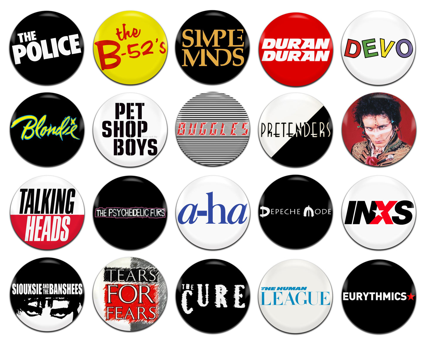 80's New Wave Rock Pop Groups Bands Artists Music 25mm / 1 Inch D-Pin Button Badges (20x Set)