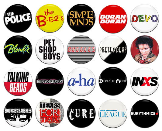 80's New Wave Rock Pop Groups Bands Artists Music 25mm / 1 Inch D-Pin Button Badges (20x Set)