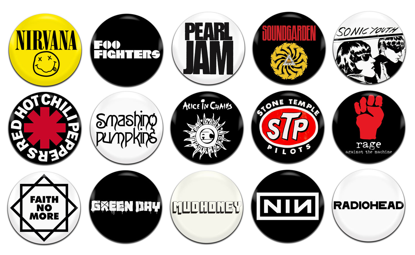Grunge Alternative Rock Bands Various 80's 90's 25mm / 1 Inch D-Pin Button Badges (15x Set)