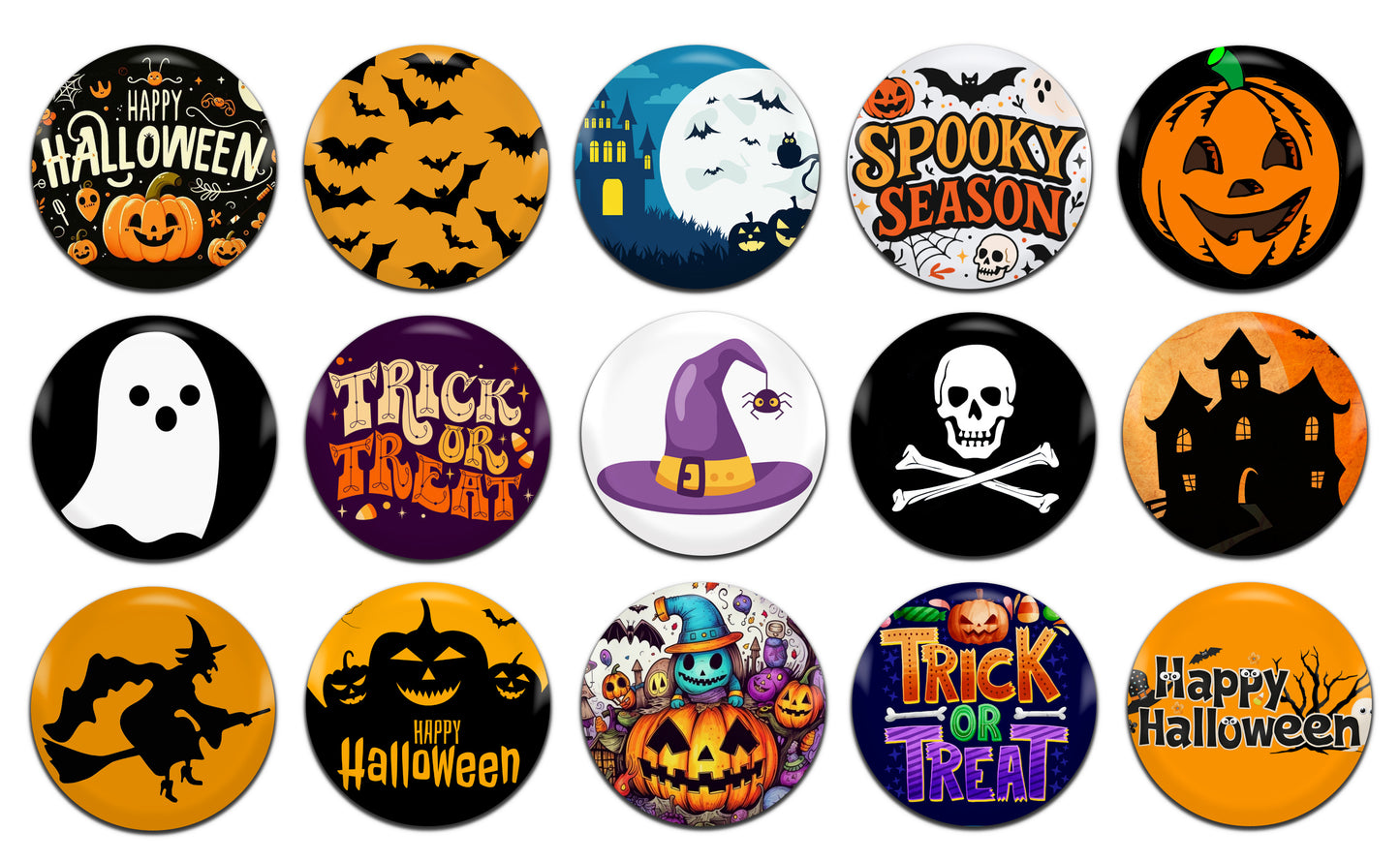 Halloween Spooky Kids Party Various 25mm / 1 Inch D-Pin Button Badges (15x Set)