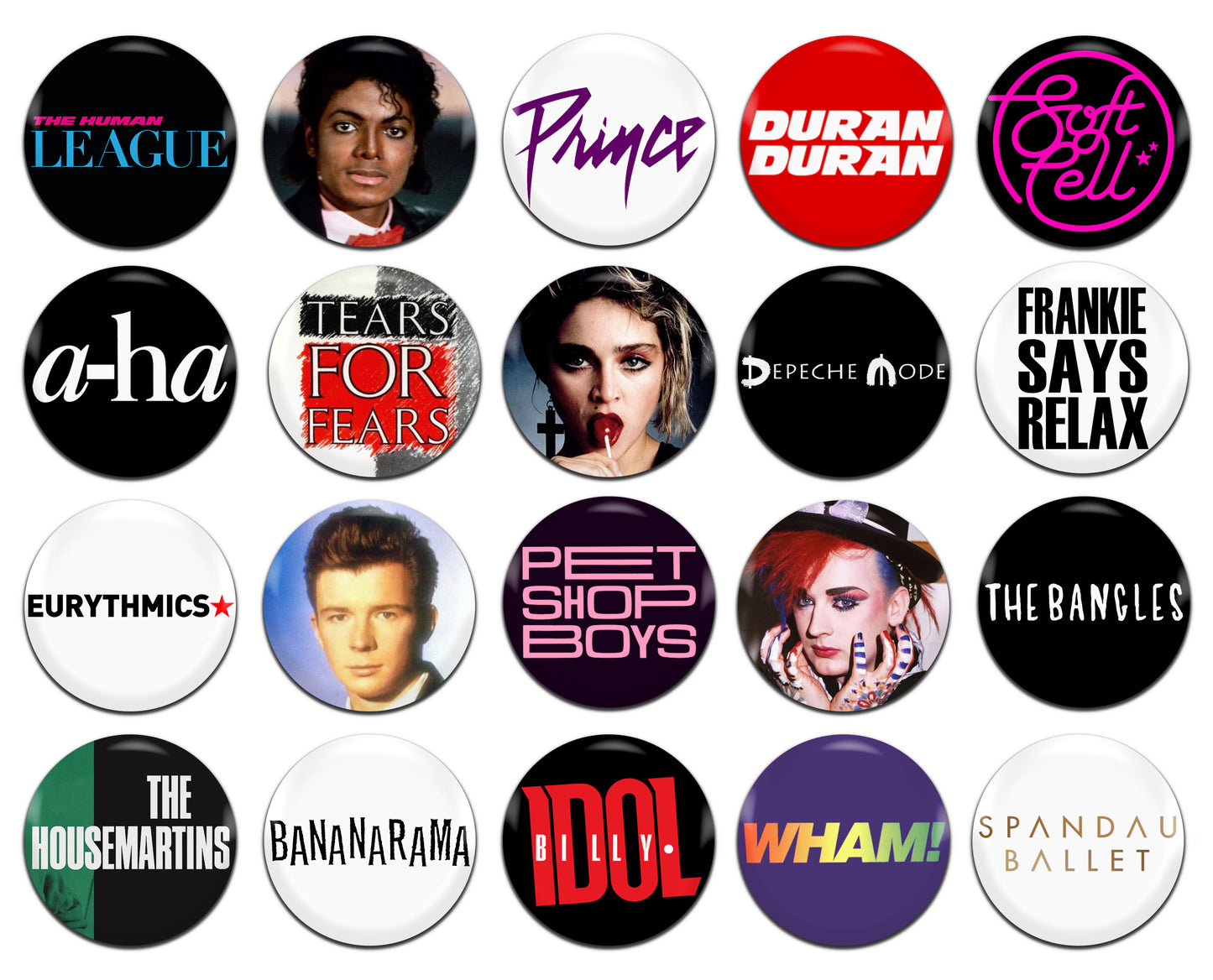 80's Pop Music 25mm / 1 Inch D-Pin Button Badges (20x Set)