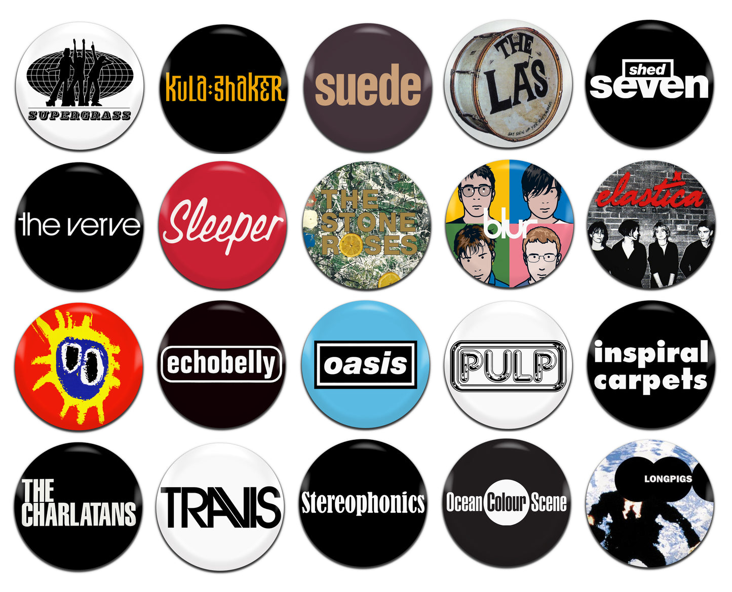 Brit Pop Bands Various 25mm / 1 Inch D-Pin Button Badges (20x Set)
