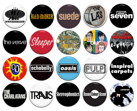 Brit Pop Bands Various 25mm / 1 Inch D-Pin Button Badges (20x Set)