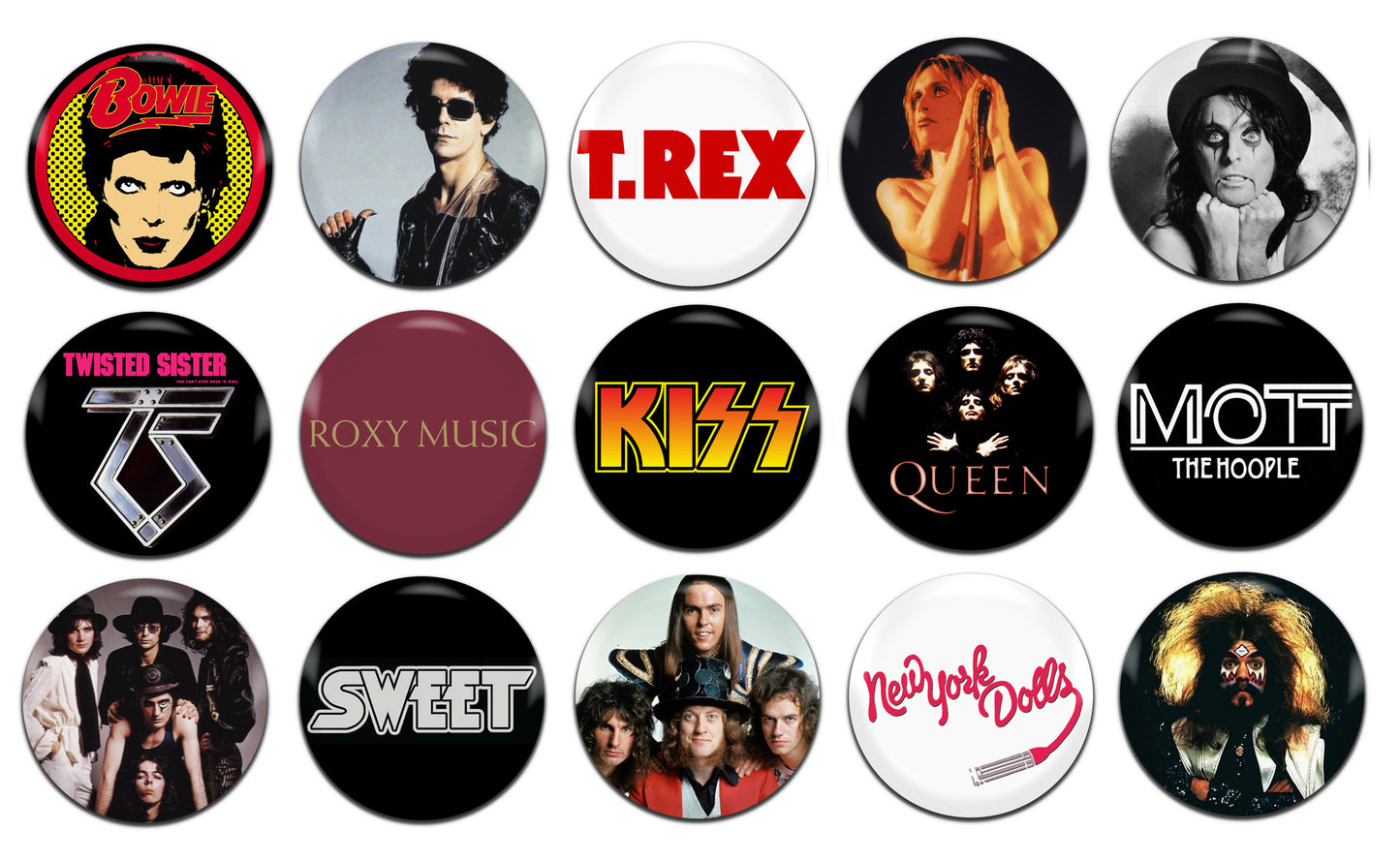 Glam Rock Bands Various 70's 25mm / 1 Inch D-Pin Button Badges (15x Set)