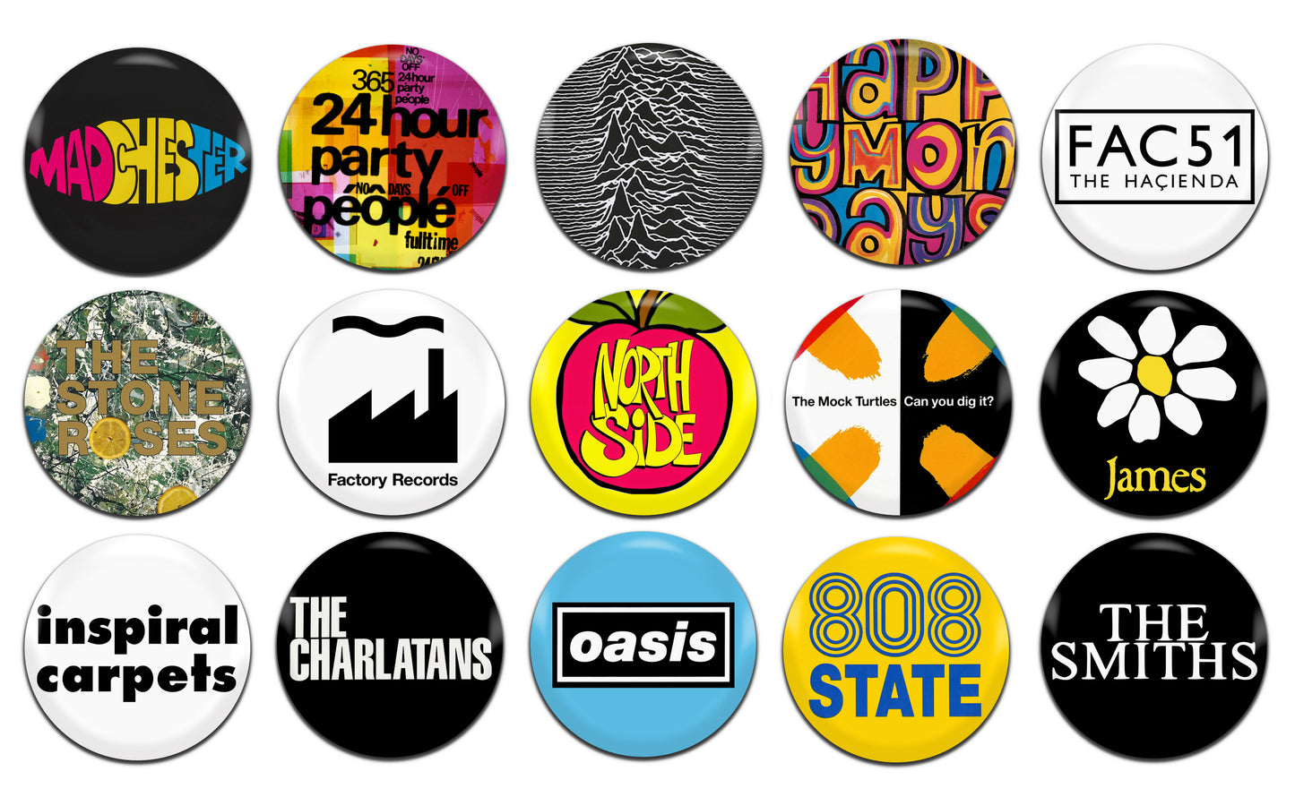 Madchester Acid House Rave 80's 90's 25mm / 1 Inch D-Pin Button Badges (15x Set)