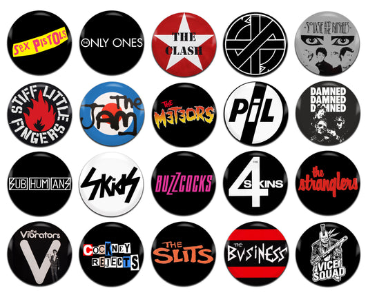 UK Punk Bands 25mm / 1 Inch D-Pin Button Badges (20x Set)