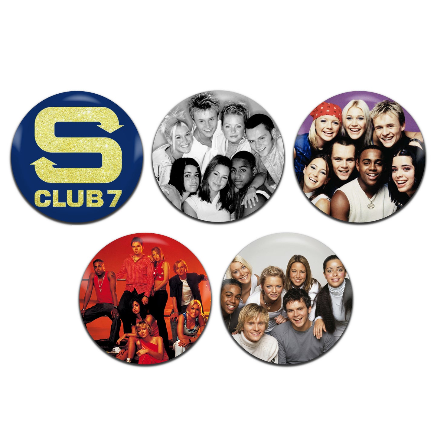 S Club 7 90's 00's 25mm / 1 Inch D-Pin Button Badges (5x Set)