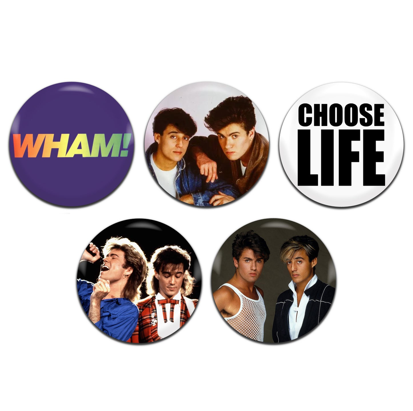 Wham Pop 80's 25mm / 1 Inch D-Pin Button Badges (5x Set)