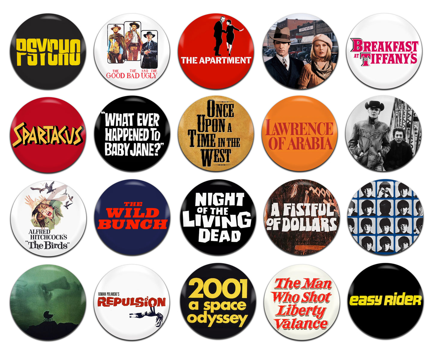 1960's 60's Movies Films Various 25mm / 1 Inch D-Pin Button Badges (20x Set)