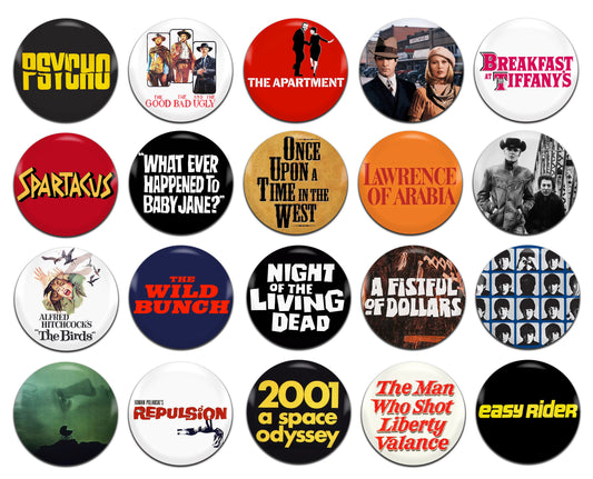 1960's 60's Movies Films Various 25mm / 1 Inch D-Pin Button Badges (20x Set)