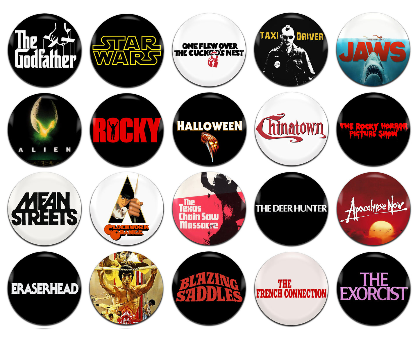 1970's 70's Movies Films Various 25mm / 1 Inch D-Pin Button Badges (20x Set)