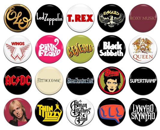 1970's 70's Rock Bands Artists Prog Glam Blues Country Metal Pop 25mm / 1 Inch D-Pin Button Badges (20x Set)