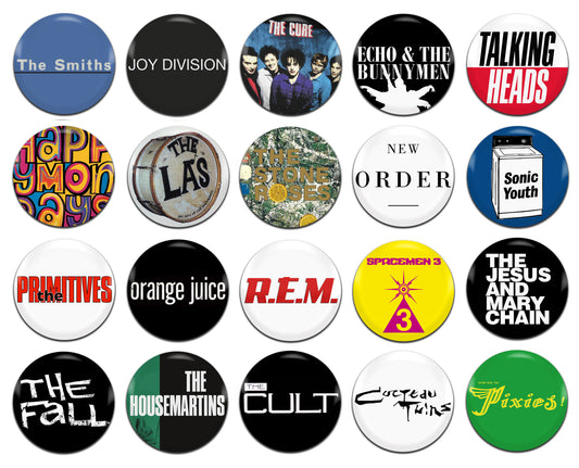 80's Classic Indie Rock Pop Bands Music 25mm / 1 Inch D-Pin Button Badges (20x Set)