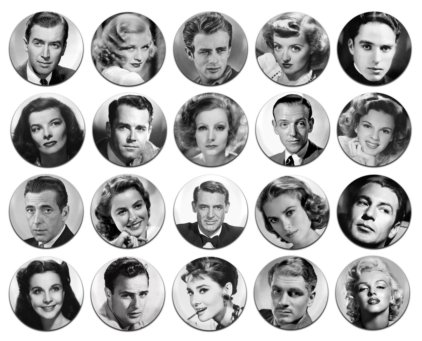 Classic Actors Actresses Movies Films 25mm / 1 Inch D-Pin Button Badges (20x Set)