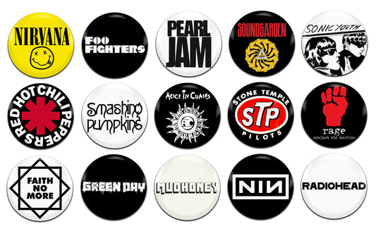 Grunge Alternative Rock Bands Various 80's 90's 25mm / 1 Inch D-Pin Button Badges (15x  Set)