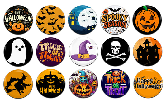 Halloween Spooky Kids Party Various 25mm / 1 Inch D-Pin Button Badges (15x  Set)