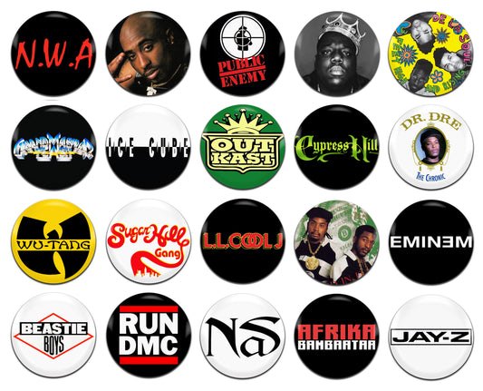 Hip Hop Rap Music Groups Artists 80's 90's 25mm / 1 Inch D-Pin Button Badges (20x Set)
