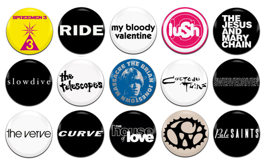 Shoegaze Indie Alternative Rock Bands Various 90's 25mm / 1 Inch D-Pin Button Badges (15x  Set)