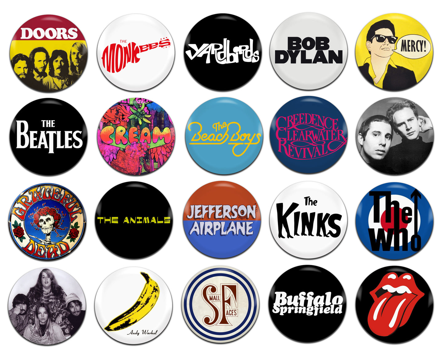 60's Bands 25mm / 1 Inch D-Pin Button Badges (20x Set)