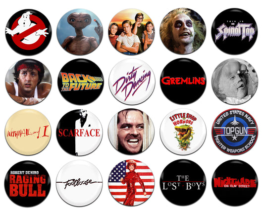 80's Movies 25mm / 1 Inch D-Pin Button Badges (20x Set)