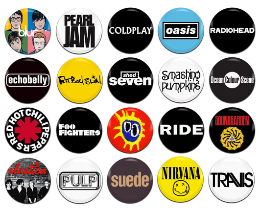 90's Bands 25mm / 1 Inch D-Pin Button Badges (20x Set)