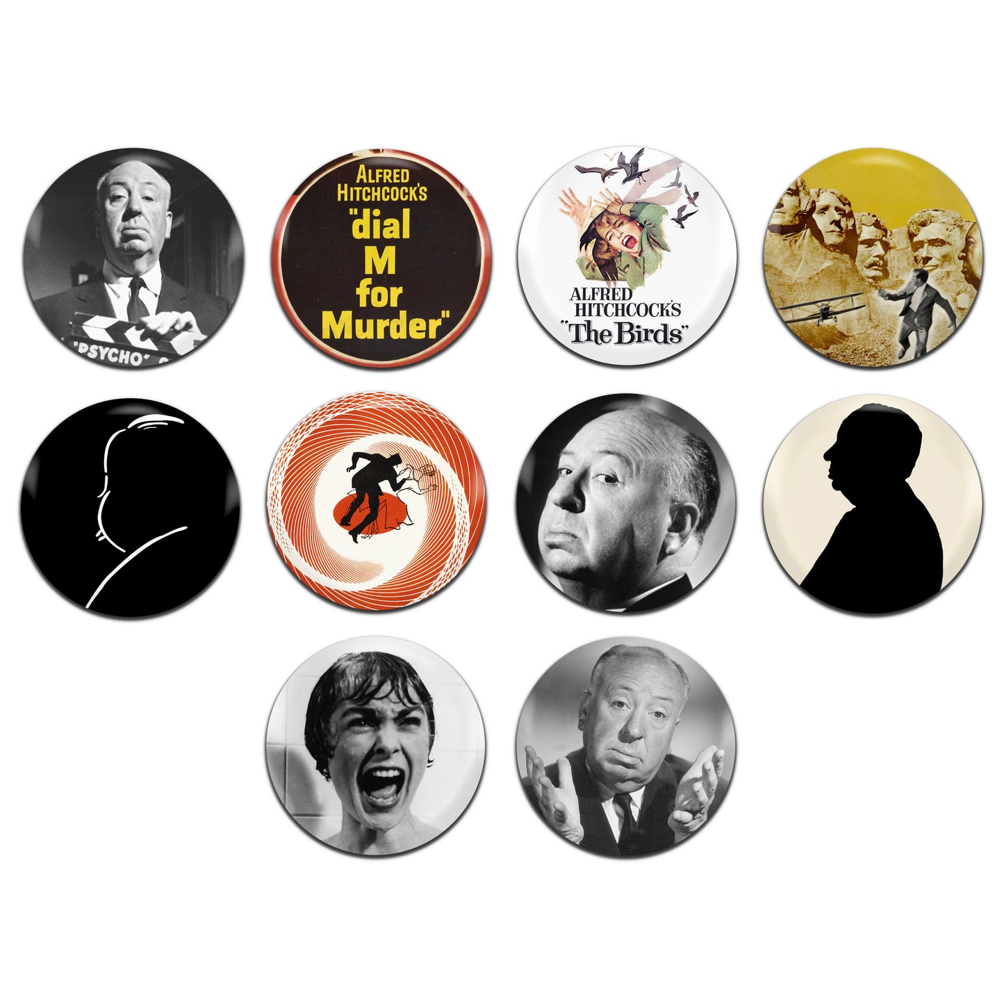 Alfred Hitchcock Movie Film Director 40's 50's 60's 25mm / 1 Inch D-Pin Button Badges (10x Set)
