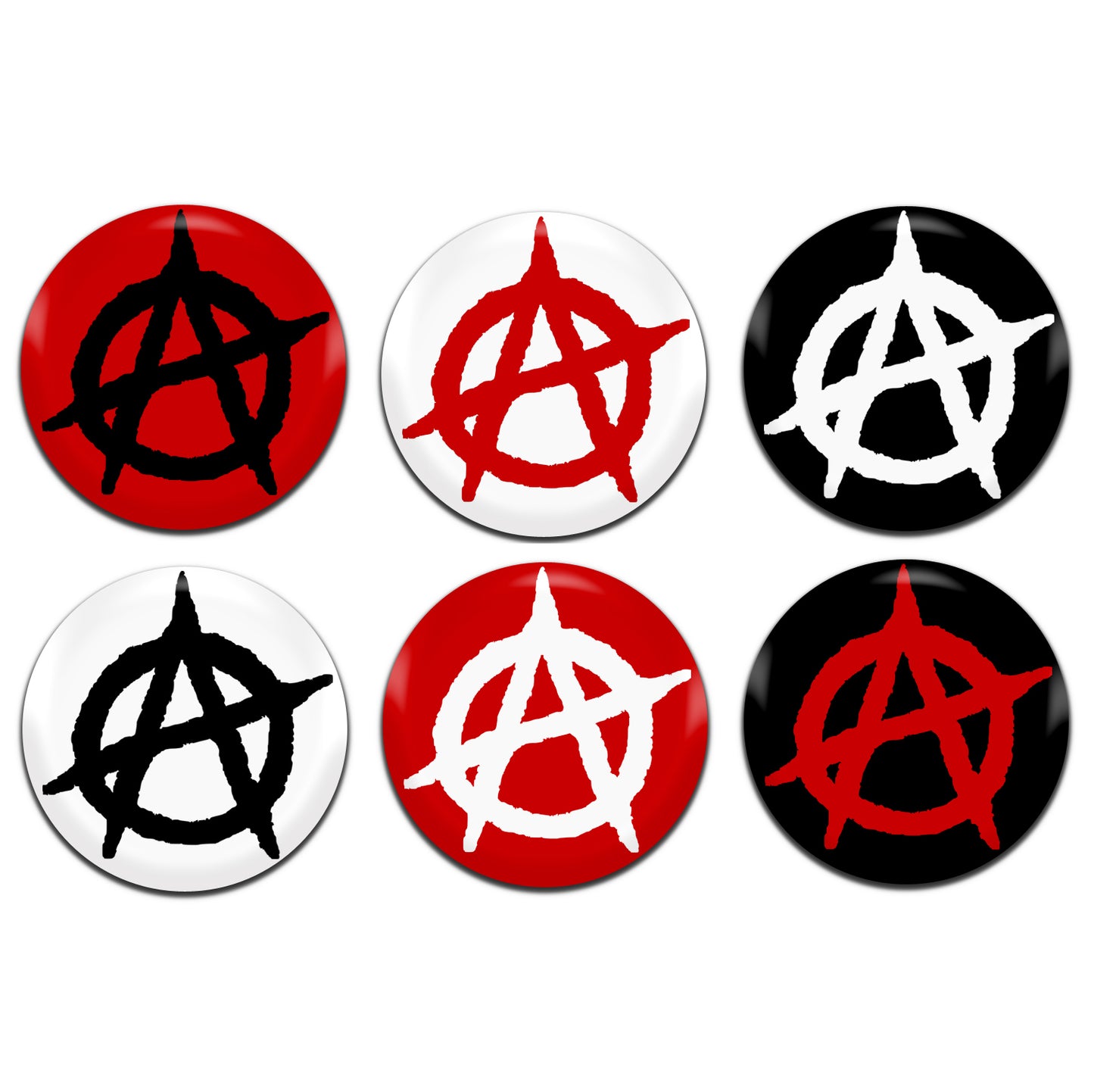 Anarchy Punk Symbol Red Black White 25mm / 1 Inch D-Pin Button Badges (6x Set)