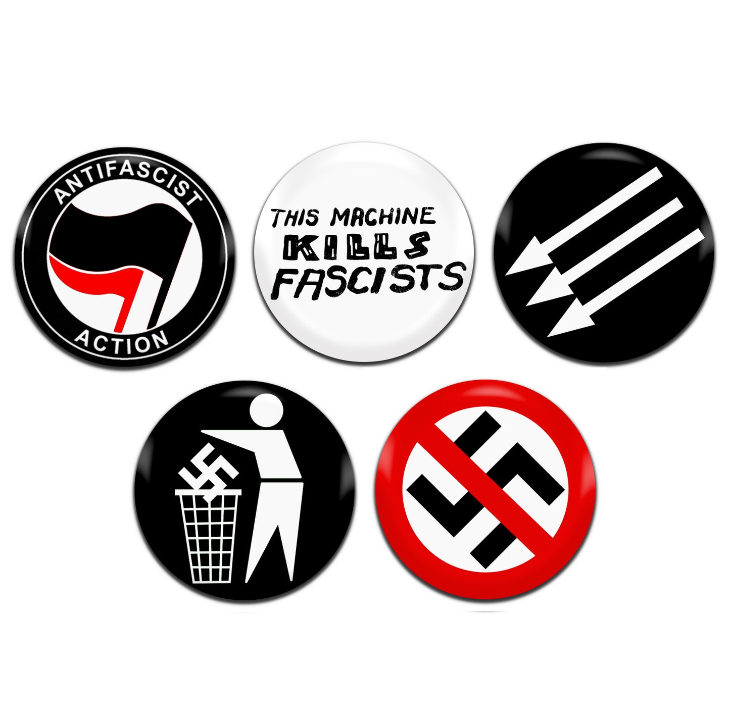 Anti-Facist Anti-Nazi 25mm / 1 Inch D-Pin Button Badges (5x Set)
