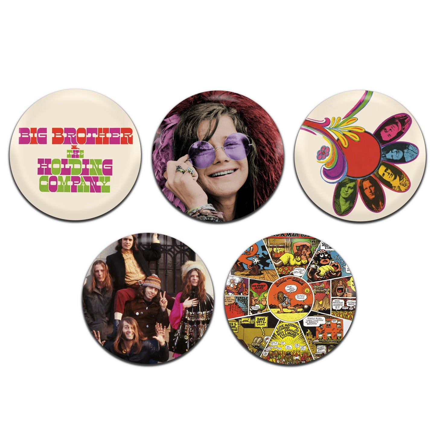 Big Brother & The Holding Company Janis Joplin Psychedelic Rock Band 60's 25mm / 1 Inch D-Pin Button Badges (5x Set)