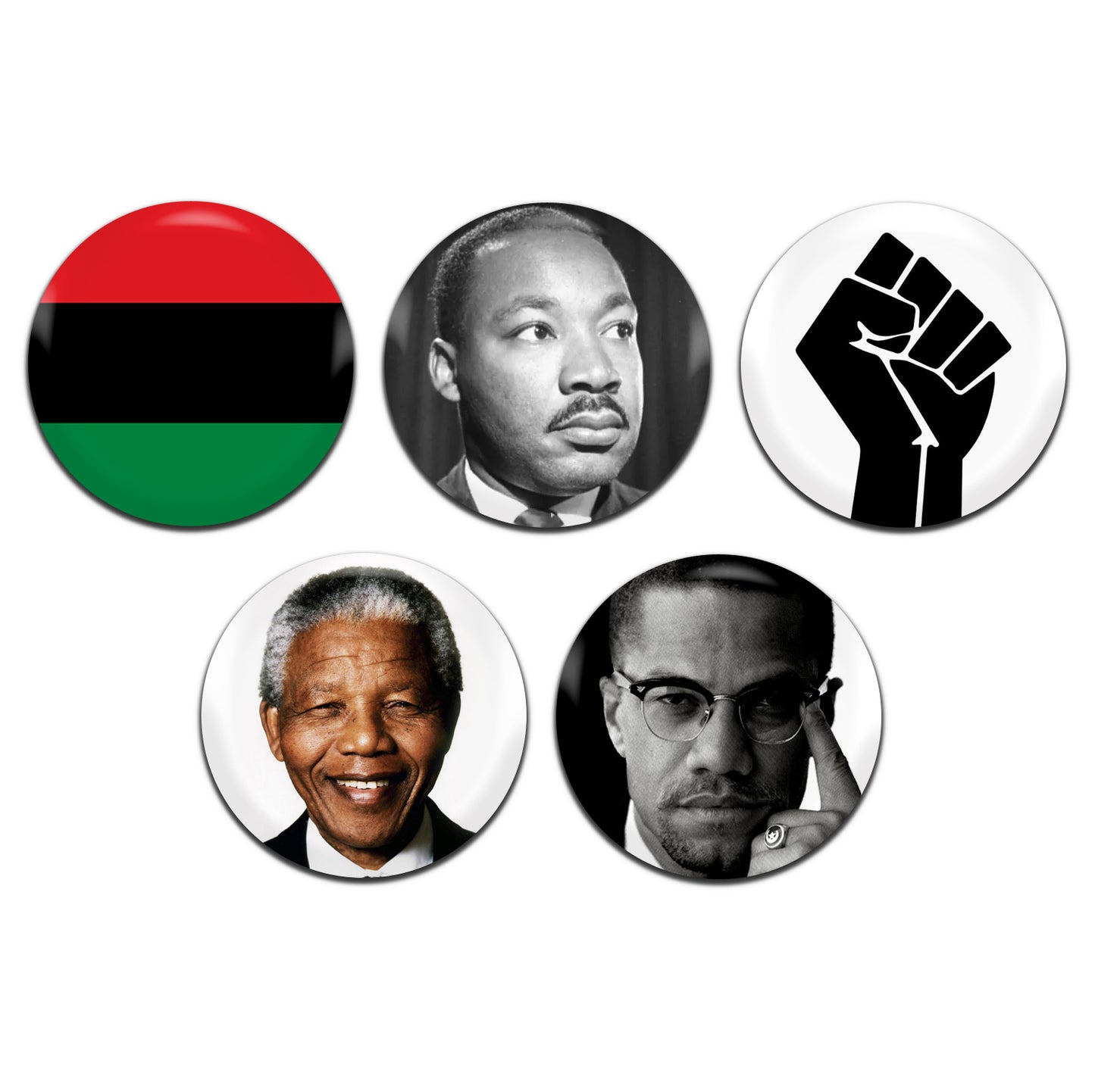 Black Activism Civil Rights Black Power Martin Luther King Nelson Mandela Malcom X 25mm / 1 Inch D-Pin Button Badges (5x Set)