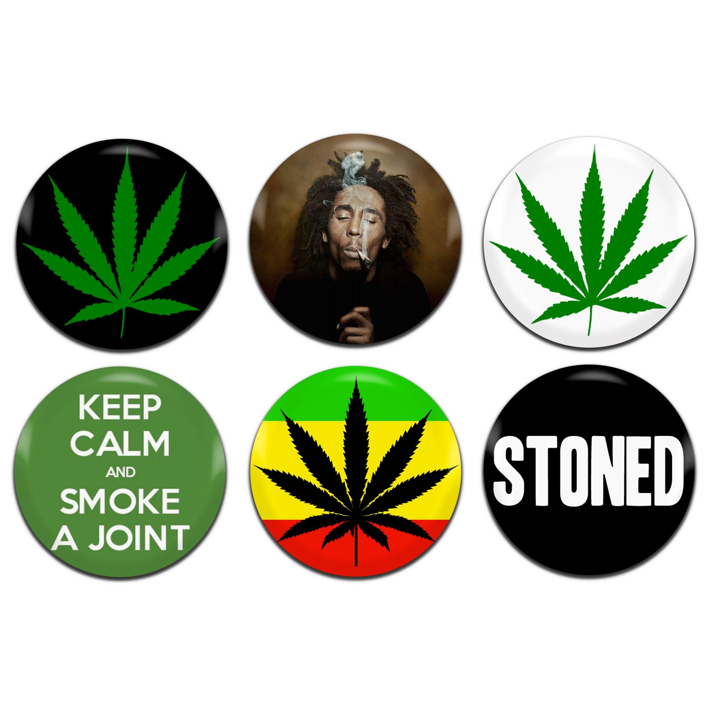 Cannabis Weed 25mm / 1 Inch D-Pin Button Badges (6x Set)
