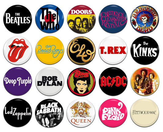 Classic Rock Band Psychedelic Prog Glam Blues Metal Pop 60's 70's 25mm / 1 Inch D-Pin Button Badges (20x Set)