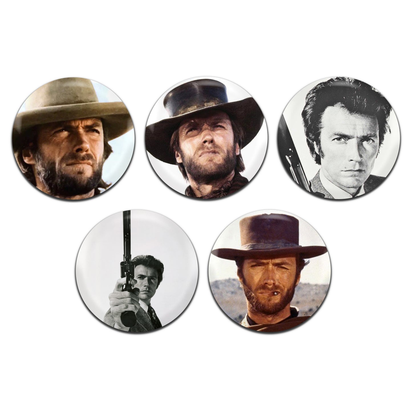 Clint Eastwood Classic Movie Actor 60's 70's 25mm / 1 Inch D-Pin Button Badges (5x Set)