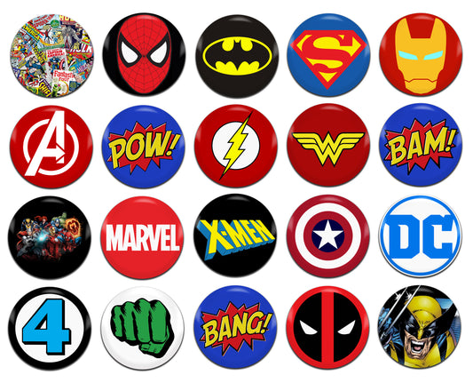 Comic Superhero 25mm / 1 Inch D-Pin Button Badges (20x Set)