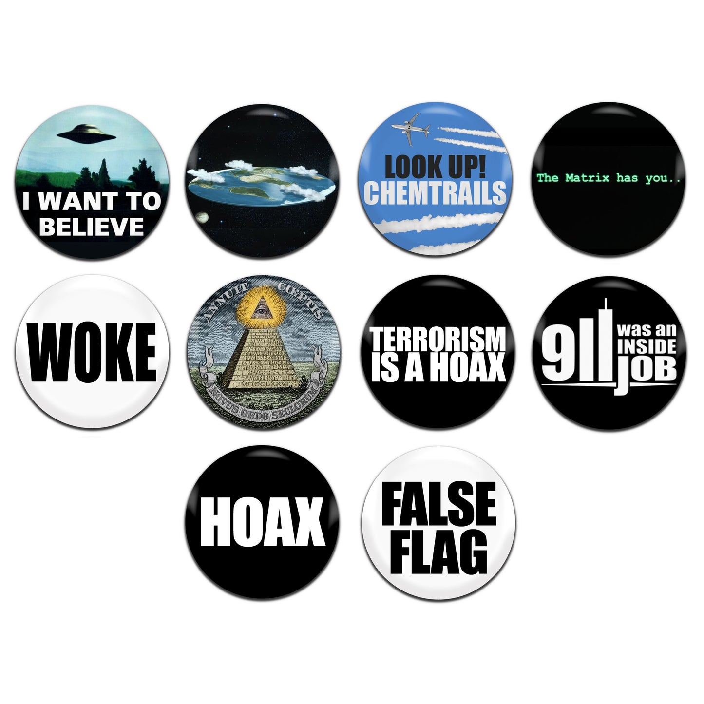 Conspiracy Theory 25mm / 1 Inch D-Pin Button Badges (10x Set)