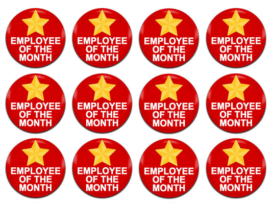 Employee Of The Month Red 25mm / 1 Inch D-Pin Button Badges (12x  Set)