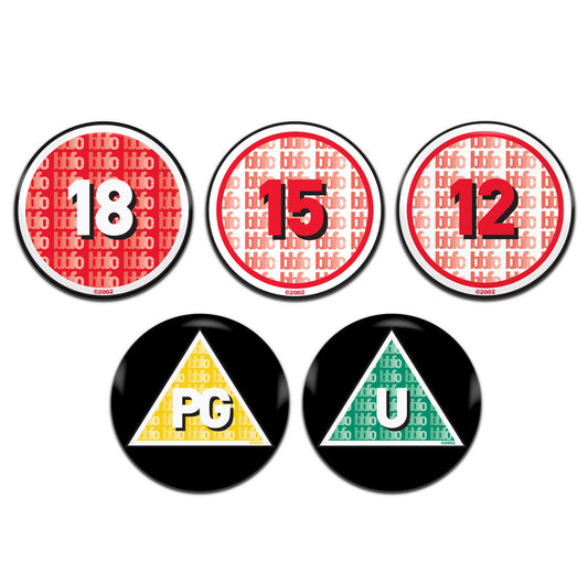 Film Movie Certificate Rating 25mm / 1 Inch D-Pin Button Badges (5x Set)