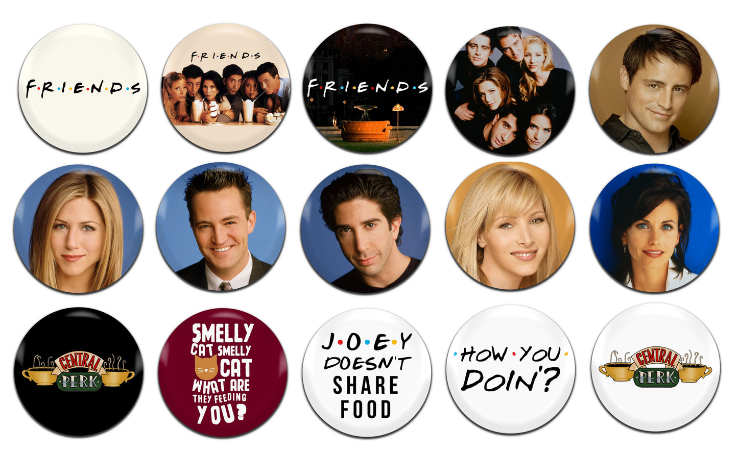 Friends TV Series 90's 25mm / 1 Inch D-Pin Button Badges (15x  Set)