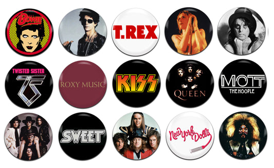 Glam Rock Bands Various 70's 25mm / 1 Inch D-Pin Button Badges (15x  Set)