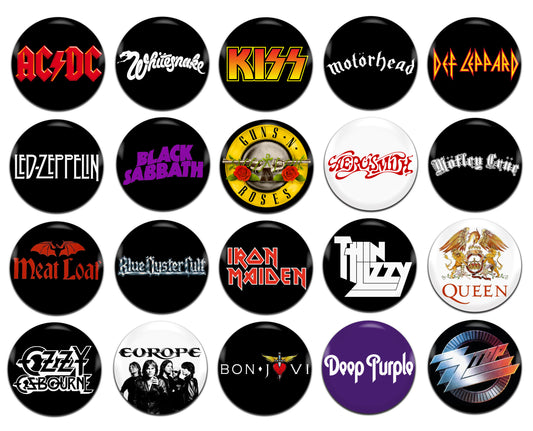 Heavy Rock Bands Various 25mm / 1 Inch D-Pin Button Badges (20x Set)