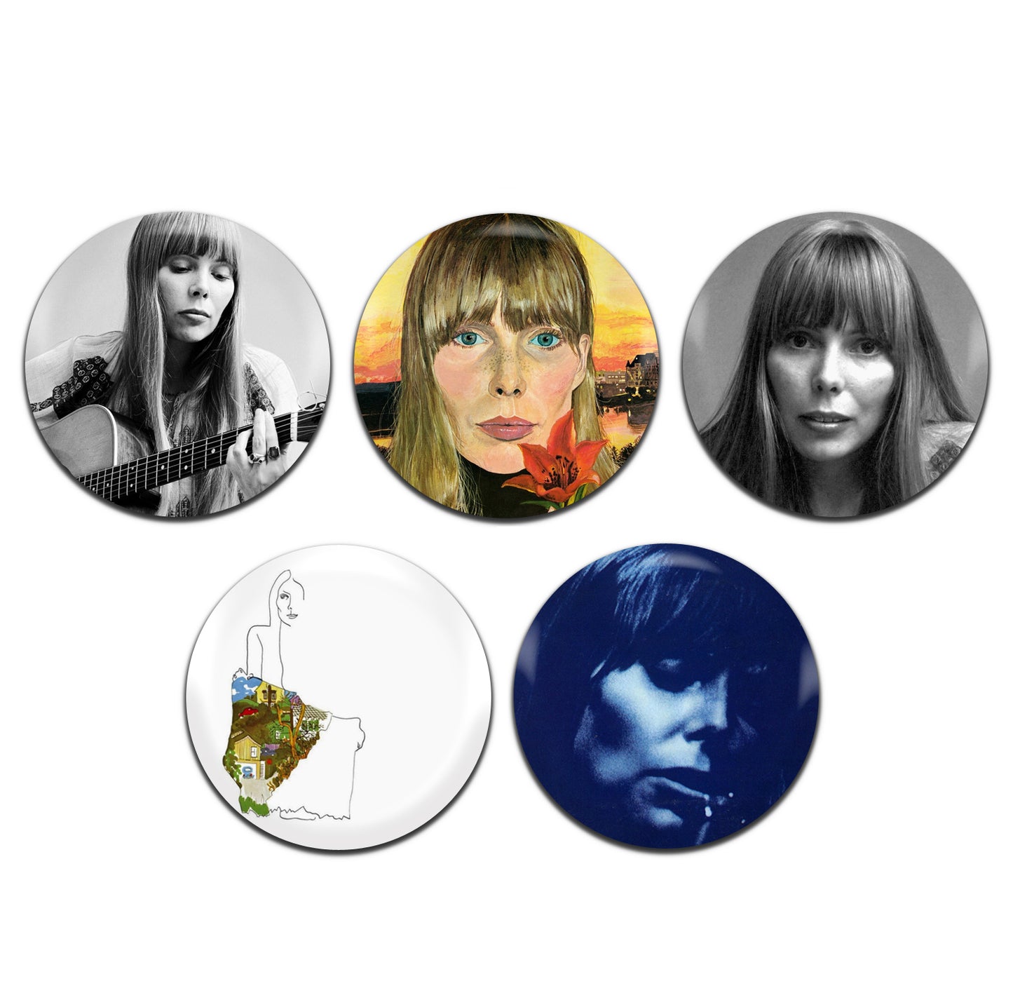 Joni Mitchell Folk Rock Singer 60's 70's 25mm / 1 Inch D-Pin Button Badges (5x Set)