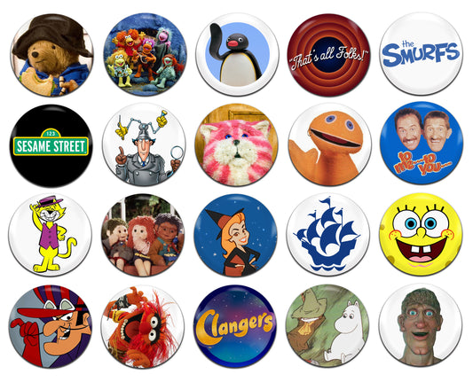 Retro Kids Children's TV 25mm / 1 Inch D-Pin Button Badges (20x Set)