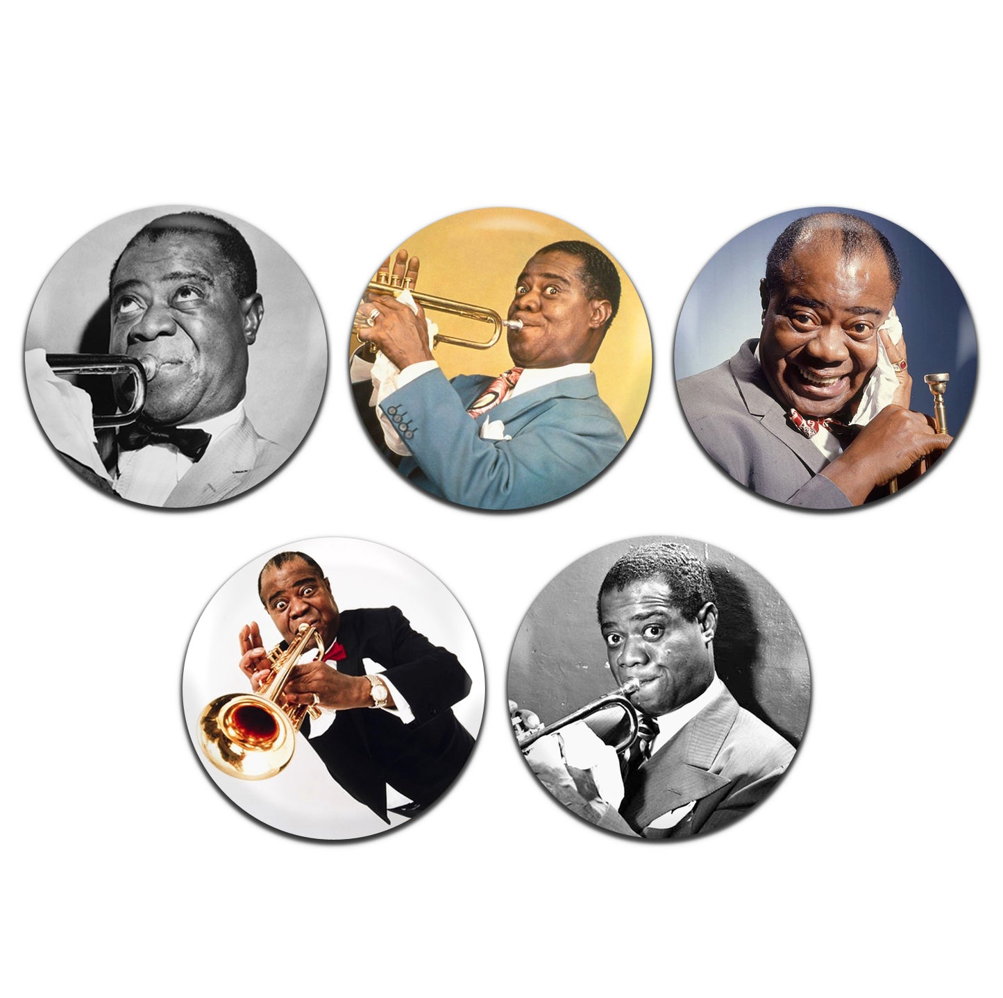 Louis Armstrong Jazz Swing 40's 50's 25mm / 1 Inch D-Pin Button Badges (5x Set)