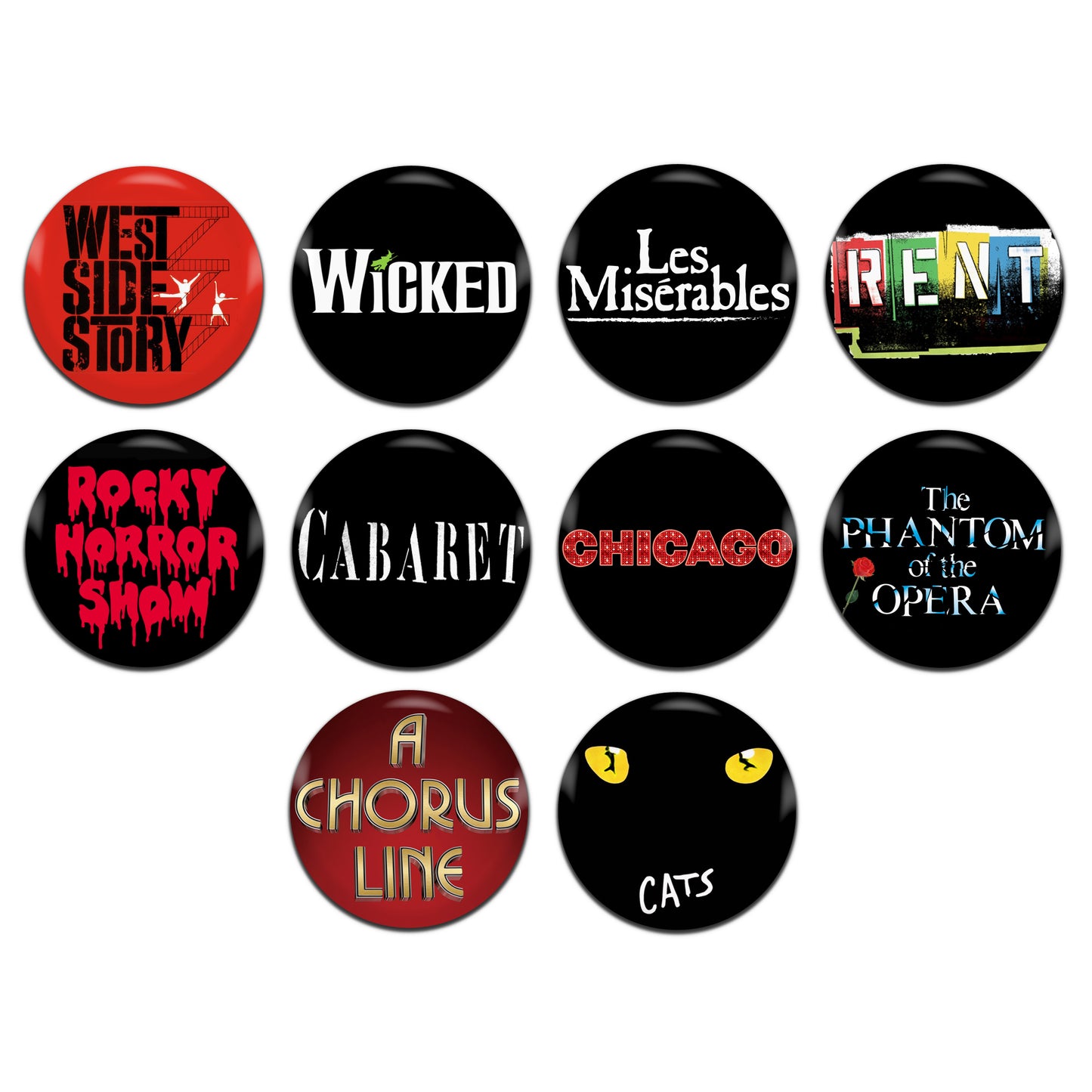 Musicals Theatre Musical Movie Films 25mm / 1 Inch D-Pin Button Badges (10x Set)