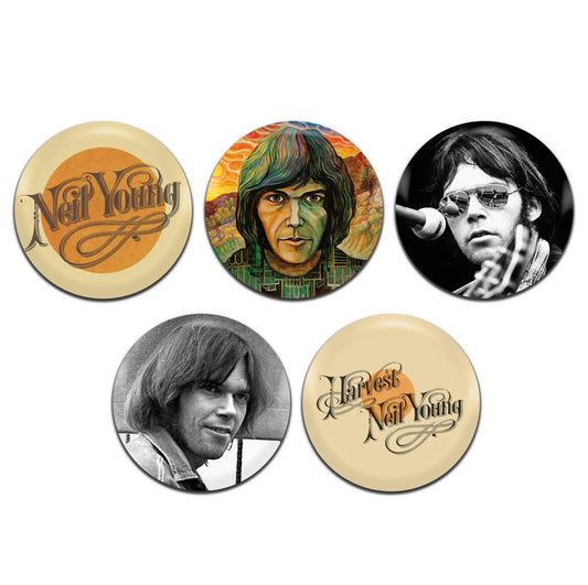 Neil Young Rock Folk Country 60's 70's 25mm / 1 Inch D-Pin Button Badges (5x Set)